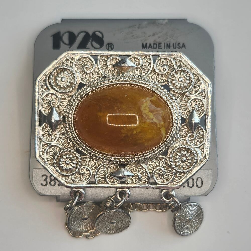 1928 Silver Tone Filigree Faux Amber‎ Cabochon Fringe Dangle Brooch Pin USA 2.25